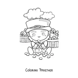 Coloring page of a lucky kawaii leprechaun with gold and clovers
