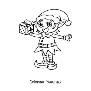 Coloring page of a magic Christmas elf with a gift