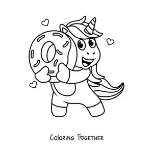Coloring page of a cartoon unicorn holding a donut