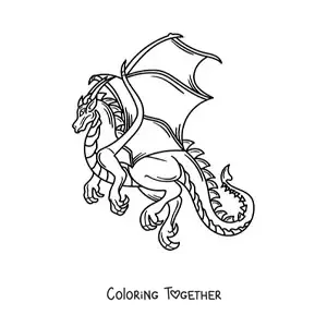 Coloring page of a realistic dragon flying without a background