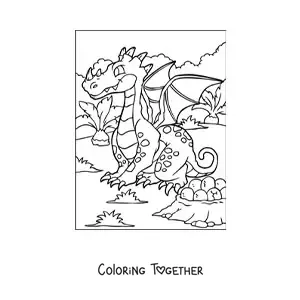 Coloring page of a cartoon dragon sitting next to its eggs