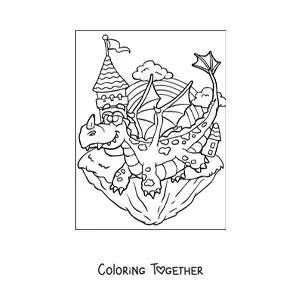 Coloring page of a cartoon dragon flying next to the castle