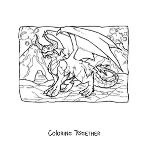 Coloring page of a scary mythological dragon with horns