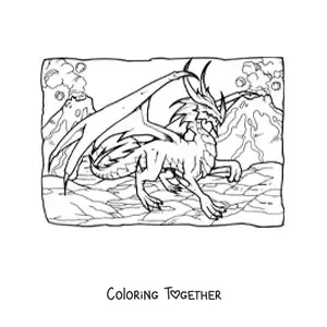 Coloring page of a scary realistic dragon