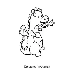 Coloring page of a cartoon baby dragon breathing fire