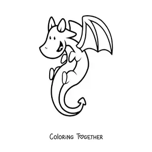 Coloring page of a small cartoon dragon flying