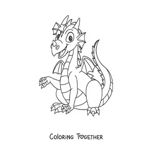 Coloring page of a cartoon dragon sitting down