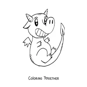 Coloring page of a cute little dragon flying