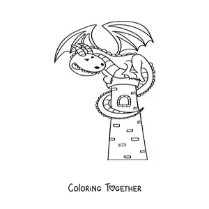 Coloring page of a cartoon dragon on a tower