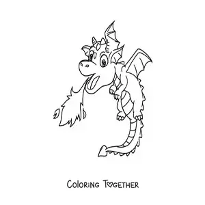 Coloring page of a flying dragon breathing fire