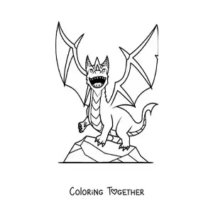 Coloring page of a flying dragon over a rock