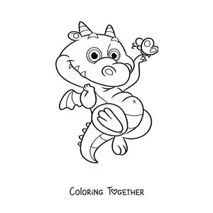 Coloring page of a cartoon little dragon flying with a butterfly