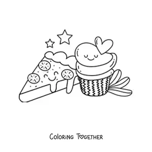 Coloring page of a pizza slice next to a kawaii cupcake