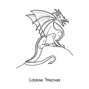 Coloring page of a realistic flying dragon sitting down