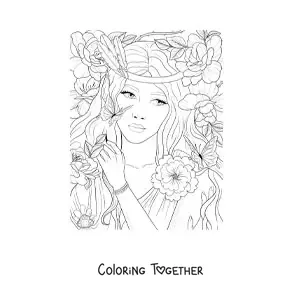 Coloring page of an aesthetic elf with flowers and butterflies