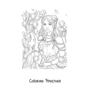 Coloring page of a mythological elf with flowers