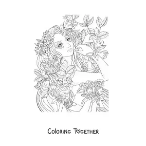 Coloring page of a beautiful realistic elf woman with flowers