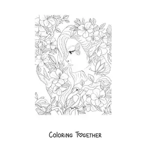 Coloring page of a forest elf woman with flowers and birds