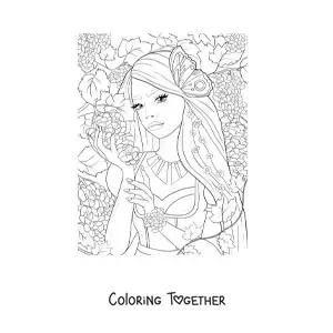 Coloring page of a mythological elf in a forest