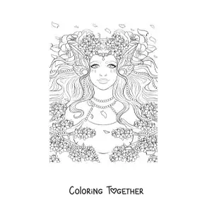 Coloring page of a realistic elf woman with flowers