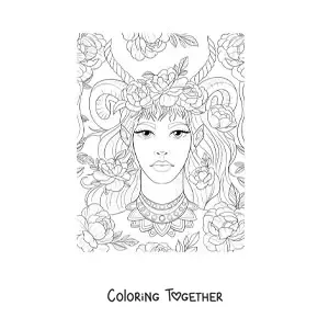 Coloring page of a beautiful elf woman with horns and flowers
