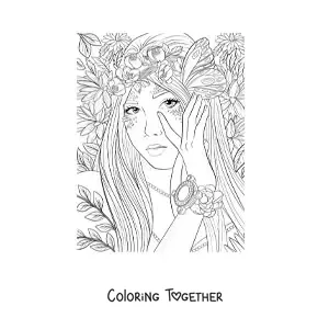 Coloring page of a beautiful forest elf woman