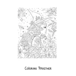 Coloring page of a woman with a witch hat and elf ears