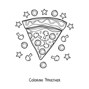 Coloring page of a pizza slice surrounded by stars and toppings
