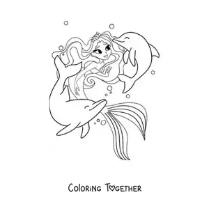 Coloring page of a pretty mermaid princess with dolphins