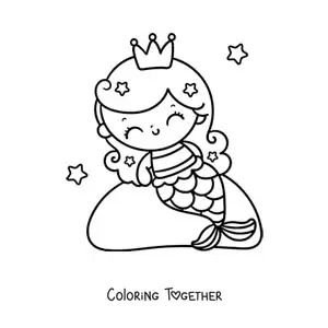 Coloring page of a kawaii mermaid princess sitting on a rock