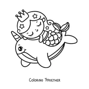 Coloring page of a kawaii mermaid princess swimming with a narwhal