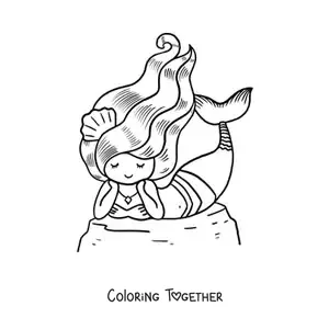 Coloring page of a beautiful mermaid lying on a rock