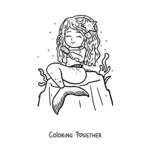 Coloring page of a cartoon mermaid sitting on a rock brushing her hair