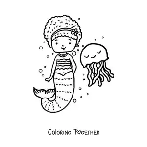 Coloring page of a cartoon mermaid next to a jellyfish