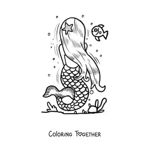 Coloring page of a mermaid seen from behind in the sea
