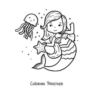 Coloring page of a cartoon mermaid dancing with a jellyfish and a starfish
