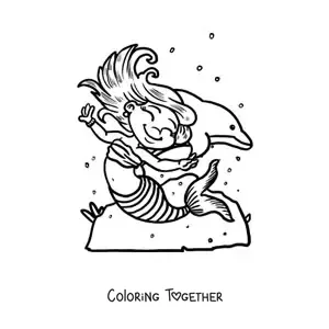 Coloring page of a cartoon mermaid dancing with a dolphin