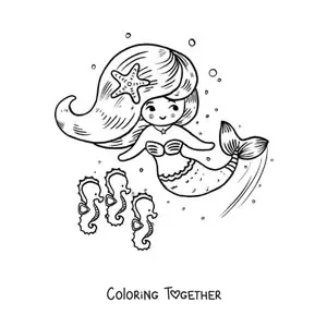 Coloring page of a cartoon mermaid swimming with seahorses