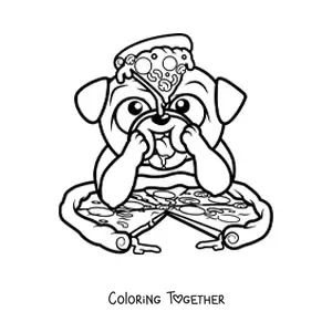 Coloring page of a cartoon pug eating a pizza