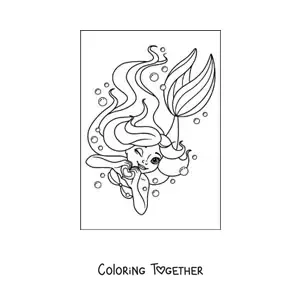Coloring page of a beautiful mermaid swimming underwater