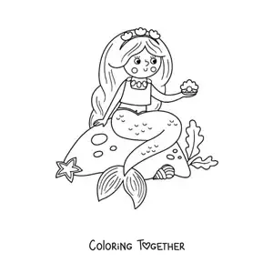 Coloring page of a mermaid sitting on a rock