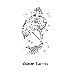 Coloring page of a beautiful mermaid princess in the sea