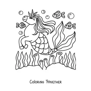 Coloring page of a unicorn mermaid swimming with fish