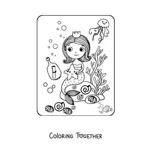 Coloring page of a kawaii mermaid princess sitting on a rock with fish