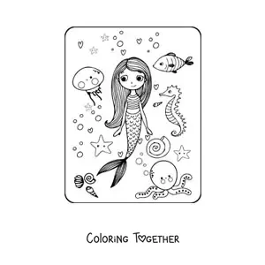 Coloring page of a cartoon mermaid with fish