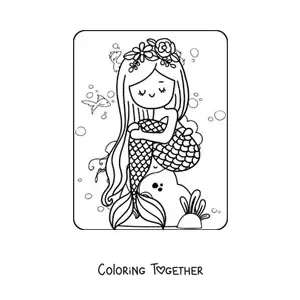 Coloring page of a cute mermaid sitting on a rock
