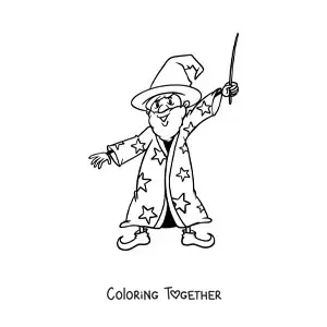 Coloring page of a wizard with his wand