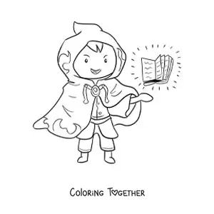 Coloring page of a sorcerer with a cape and a spell book