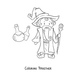 Coloring page of a sorcerer with potions