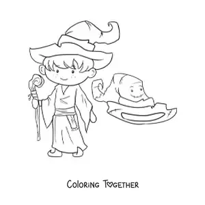 Coloring page of a cartoon sorcerer with a hat